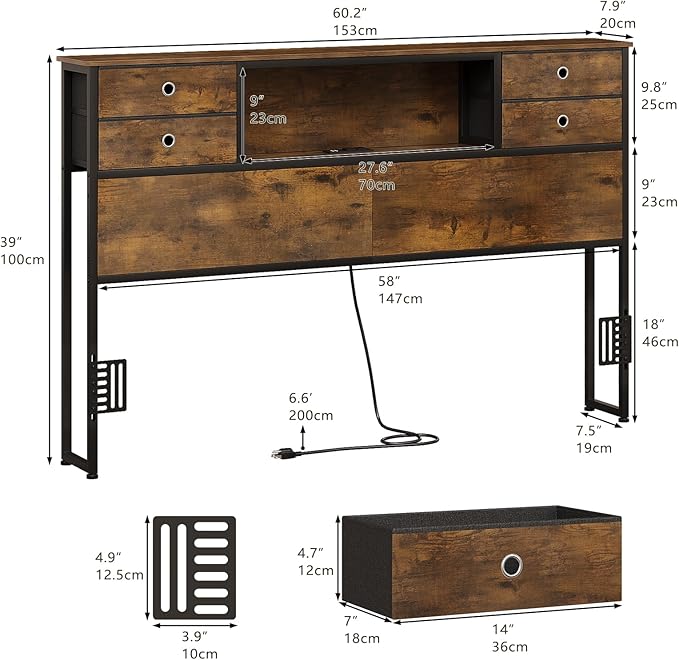 GiftGo Queen Size Headboard with 4 Fabric Storage Drawers Charging Station LED Light Adjustable Height Storage Rack Sturdy and Stable Metal Frame & Wood Shelf (Rustic Brown, Queen (U.S. Standard))