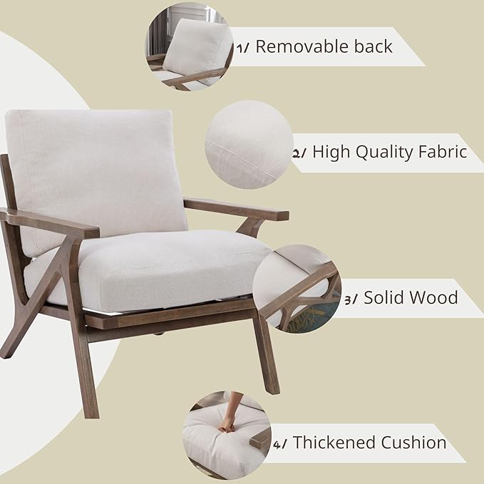Wahson Mid Century Chair, Upholstered Accent Armchair, with Wood Frame and Removable Linen Cushions, Leisure Slipper Chair for Living Room/Bedroom, Cream