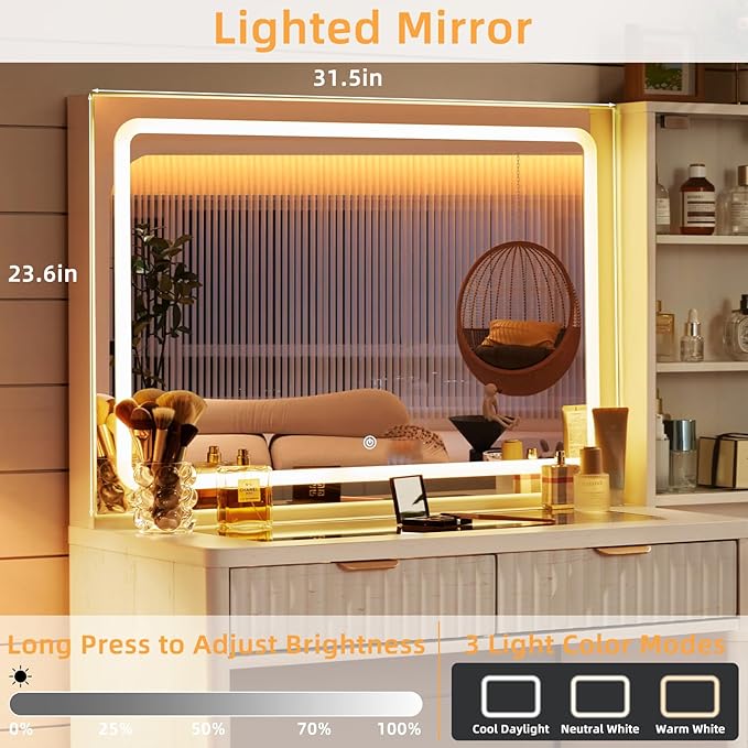 LEYAOYAO White Vanity Desk with Mirror and Lights, 43.5'' Fluted Makeup Vanity with 6 Drawers, Make Up Vanity with Wood Grain, Dressing Table with Glass Top and Power Outlet for Bedroom-Non Pure White