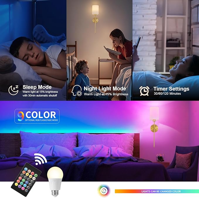 Battery Operated Wall Sconces Set of Two,Wireless Rechargeable Wall Light With Remote Control, Dimmable, 1800K/3000K/4000K/6000K/RGB, Timer, for Living Room, Bedroom, Fireplace, TV, 23.6 Inch, Gold