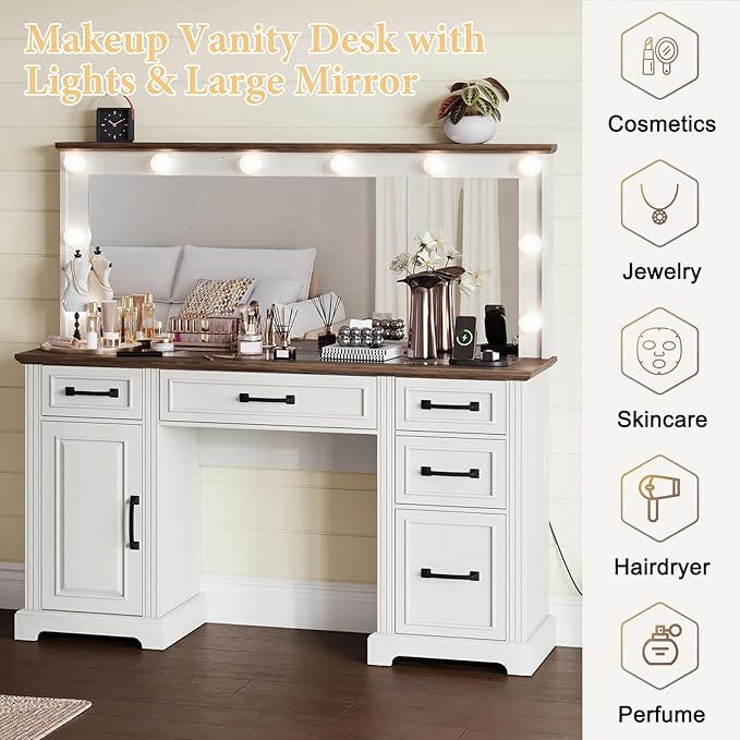 55" Farmhouse Vanity Desk with Large Mirror & Lights, Glass Top Large Makeup Vanity Table with 10 Hollywood Lights Bulbs, Charging Station, 5 Drawers, Dressing Table for Bedroom, Rustic White