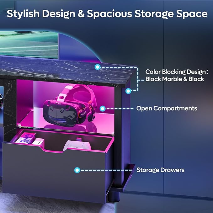 Bestier 70" Gaming Entertainment Center with Drawers, LED TV Stand for 75 Inch TV, TV Entertainment Stand for Living Room with Storage and Glass Shelves (Black Marble)