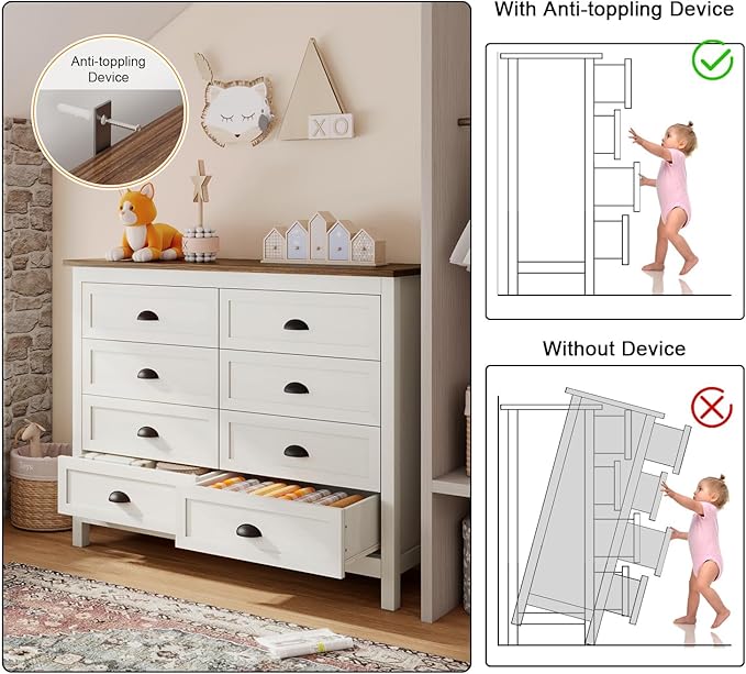 Wananlanen® Farmhouse Dresser for Bedroom, Antique Double Dresser & Chest of Drawer with Vintage Handle and Storage, Wooden Tall Rustic Organizer for Bedroom (Antique White, 8 Drawer)