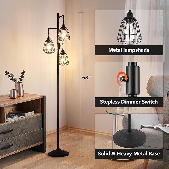 9MMML 68” Living Room Floor Lamp, Industrial Farmhouse 3 Teardrop Cage Standing Lamp,Black Tall Floor Lamp for Bedroom Office, 3 LED Edison Bulbs Included