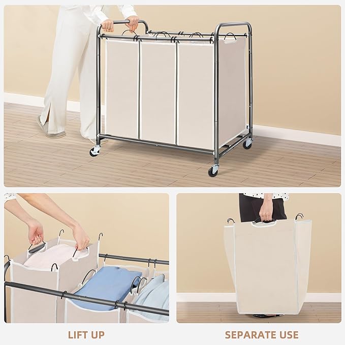 STORAGE MANIAC 3 Section Laundry Sorter, 35.9 Gal (136 L) Laundry Hamper Cart with Heavy Duty Rolling Lockable Wheels and Removable Bags, Clothes Organizer Basket Clothes Separator Hamper, Beige