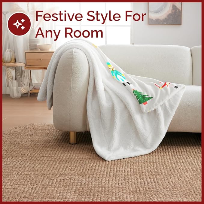 Christmas Sherpa Blanket Throw Size - Reversible Sherpa Fleece Blanket - Super Soft Double Sided Throw for Bed, Sofa, Couch - Thick, Warm, Cozy & Plush - Xmas Winter Bedding - Christmas Print, 50x60