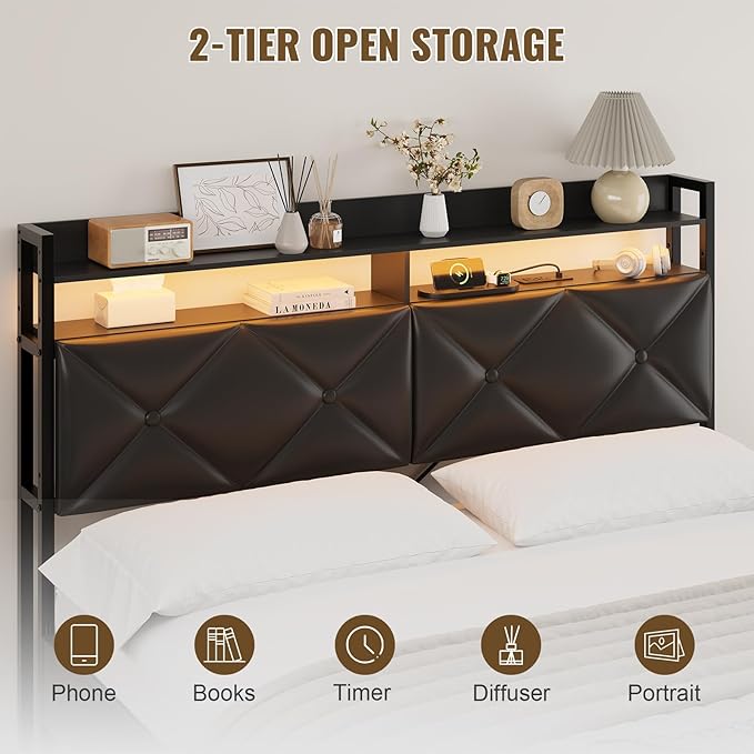 Headboard Queen Size with 2-Tier Open Storage and LED Light, Upholstered Headboard with Charging Station, Height Adjustable Sturdy Queen Bed Head Only for Dorm Bedroom, Easy Assembly, Black