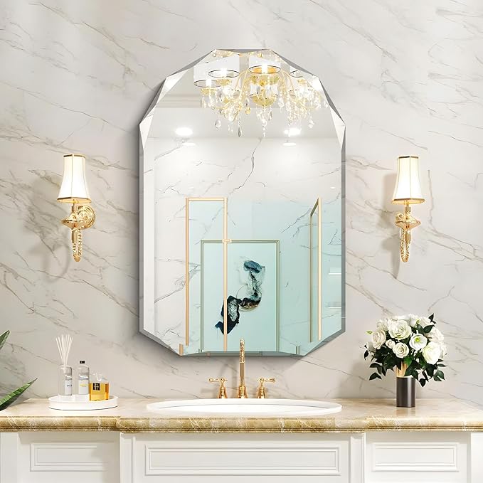 KOCUUY 24"x36" Frameless Mirror, Arched Shape with Diamond-Shaped Beveled Edge,Unframed Decorative with Upgraded Shatterproof Glass,Unique Frameless Mirror for Bathroom,Living Room,Bedroom