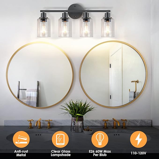 FOLKSMATE Bathroom Light Fixtures, 4 Light Matte Black Vanity Light, Vintage Wall Sconces Lighting, Modern Bath Wall Mounted Lights with Glass Shade
