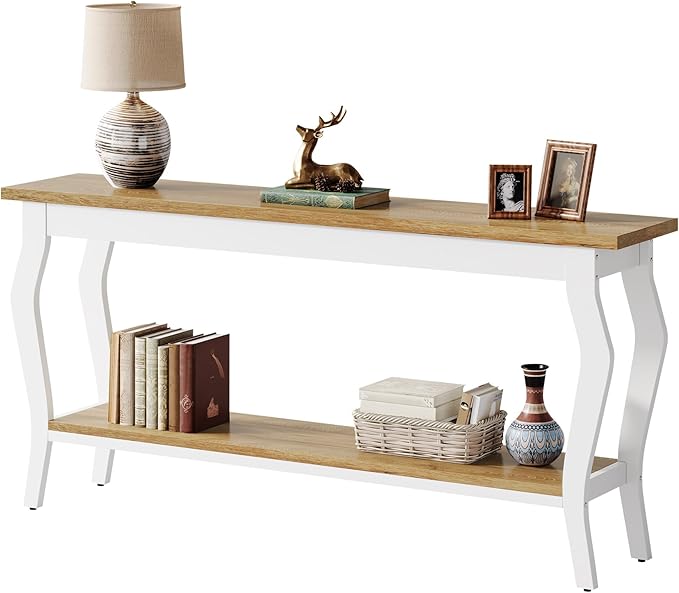 Tribesigns 70.9 Inches Extra Long Sofa Table Behind Couch, Vintage Console Entry Table with 2-Tier Storage for Hallway, Entryway, Living Room, White & Light Oak