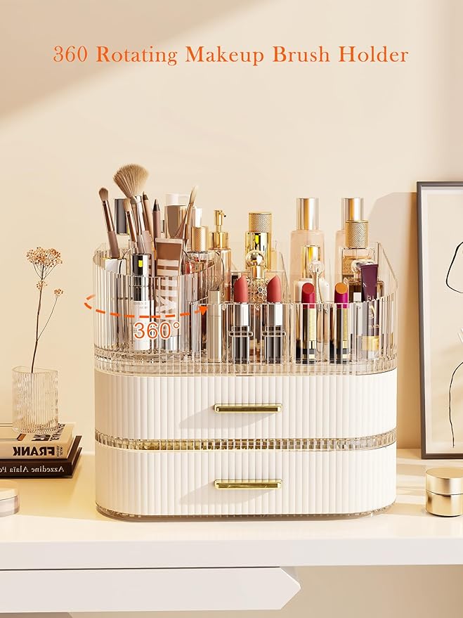 Makeup Organizer with Stackable Drawer, 360 Rotating Makeup Brush Holder, 11-inch Wide Large Cosmetic Display Case, Skincare Organizers and Storage for Dresser, Vanity, Bathroom Countertop
