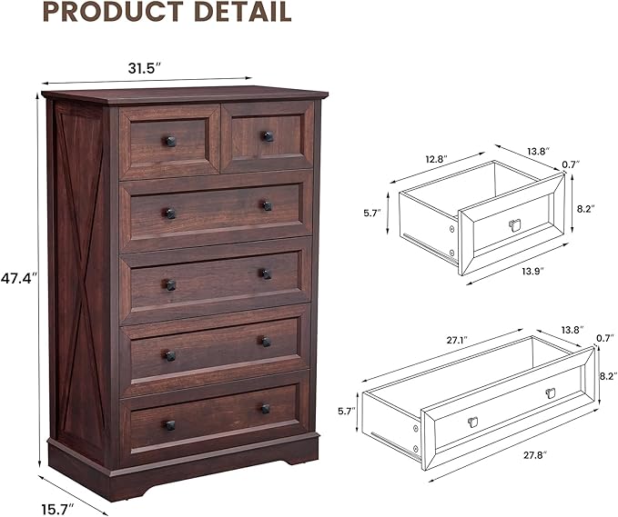 Farmhouse 6 Drawers Dresser Chests for Bedroom, Tall Rustic 6 Chest of Drawers, Wood Dressers Organizer for Closet, Modern Storage Organizer Cabinet for Living Room, Hallway, Entryway, Cherry Red