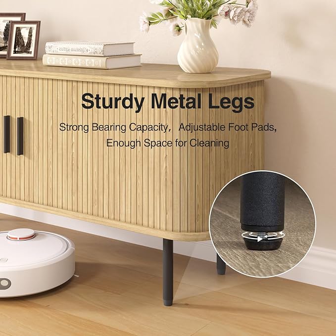 47" Natural Fluted TV Stand for TVs up to 60 Inch, Gaming Entertainment Center with Tambour Slatted Sliding Doors and Storage Cabinet, Media TV Consoles Table for Living Room, Office