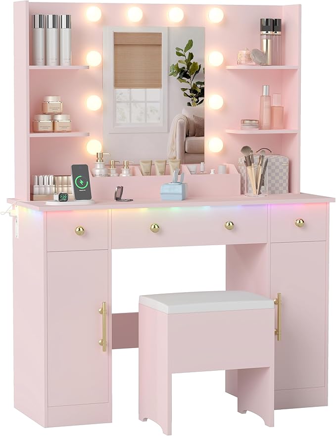 Makeup Vanity Desk with Mirror and Lights, 43" Pink Vanity Set with Chair, 3 Drawers, Power Outlet & Adjustable RGB LED Lights, Dressing Table with Storage Shelf for Women & Girls Bedroom