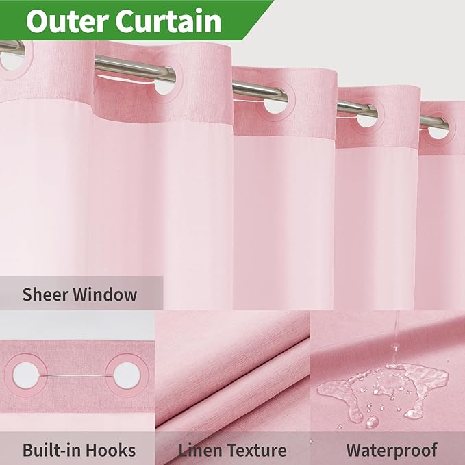 Extra Long No Hooks Needed Linen Textured Shower Curtain with Snap-in Fabric Liner Set,White Hotel Luxury Decor Shower Curtains for Bathroom,Waterproof & Washable,71Wx86H,Pink
