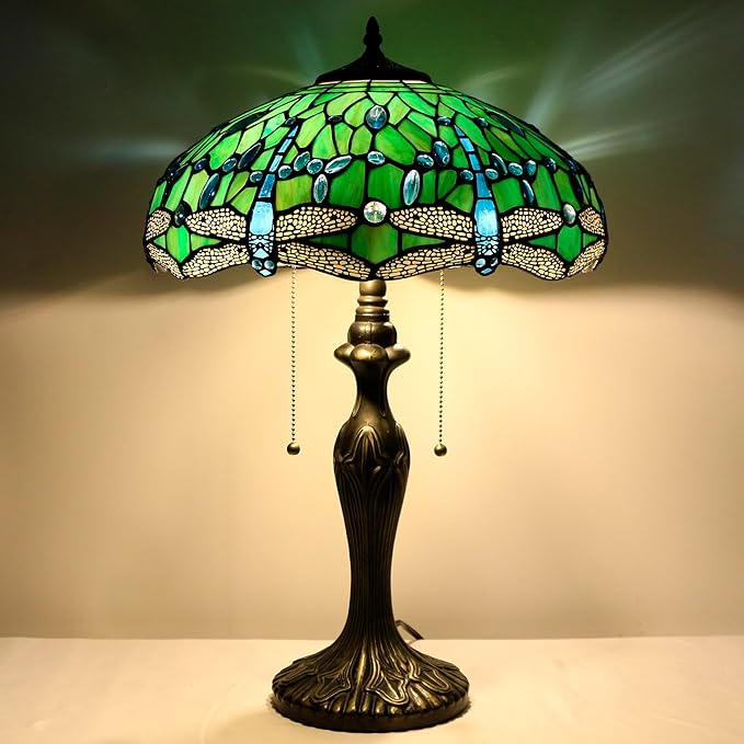 Tiffany Table Lamp Stained Glass Lamp 16X16X24 Inch Antique Reading Light (Green Dragonfly)