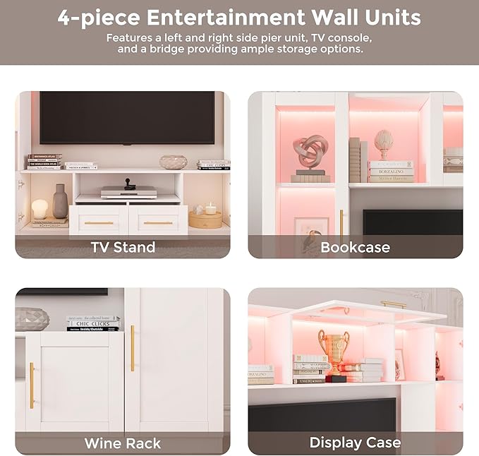 94" Wall Unit Entertainment Center for TVs up to 70", Modern TV Console with LED Lights, Multifunctional TV Stand with Tempered Glass Door, Drawers & Shelves for Living Room, White