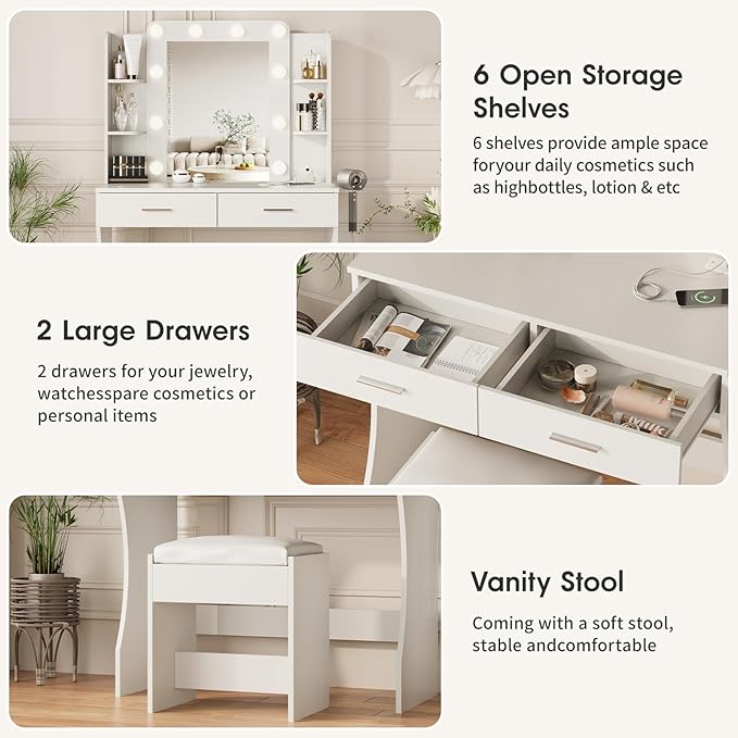 Maupvit Vanity Desk with Mirror and Lights,Makeup Vanity Table Set with Power Outlet,3 Lighting Modes & Adjustable Brightness Dressing Table with 2 Drawers for Bedroom Dressing Room,White