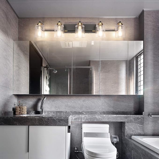 SOLFART Vintage Vanity Lights for Bathroom 5 Light Bathroom Vanity Light Black Metal with Clear Glass Brass Fixtures Wall Mount Lighting Wall Sconce