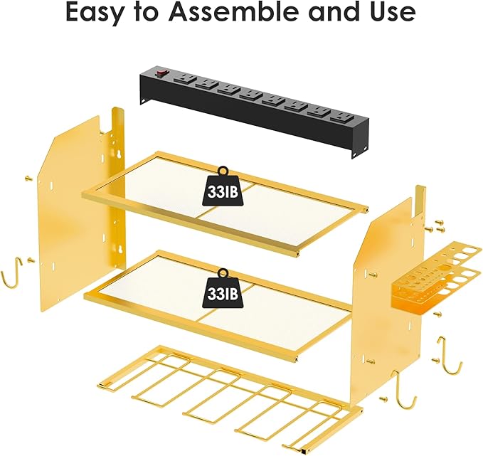 CCCEI Modular Power Tool Organizer Wall Mount with Charging Station. Garage 4 Drill Storage Shelf with Hooks, Drill Bit Heavy Duty Rack, Gold Tool Battery Holder Built in 8 Outlet Power Strip.