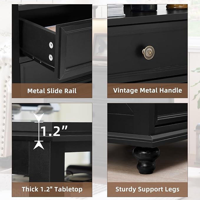 Farmhouse Nightstand with Charging Station, 24" Wide End Table with 2 Drawers, Black Dresser for Bedroom, Bed Side Table Chest of Drawers Cabinet,Wood Night Stand for Living Room, Closet