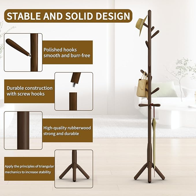 Solid Wood Coat Rack, Freestanding Tree-Shaped Coat Rack with 11 Hooks, Main Pole 1.6" dia,for Clothes, Hat Stand Used in Bedroom/Office/Entryway (3-Leg Base, Dark Walnut)