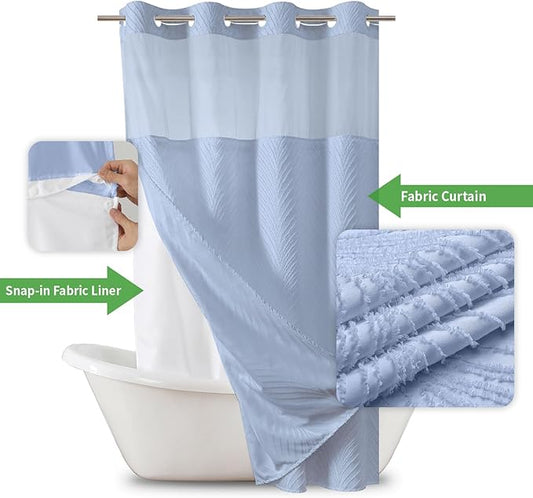 stall no Hook Tufted Shower Curtain with snap in Liner Set, White Waterproof Fabric Inner Liner,Boho Style Shower Curtain with See Through top Window, FrostBlue, 54Wx80H