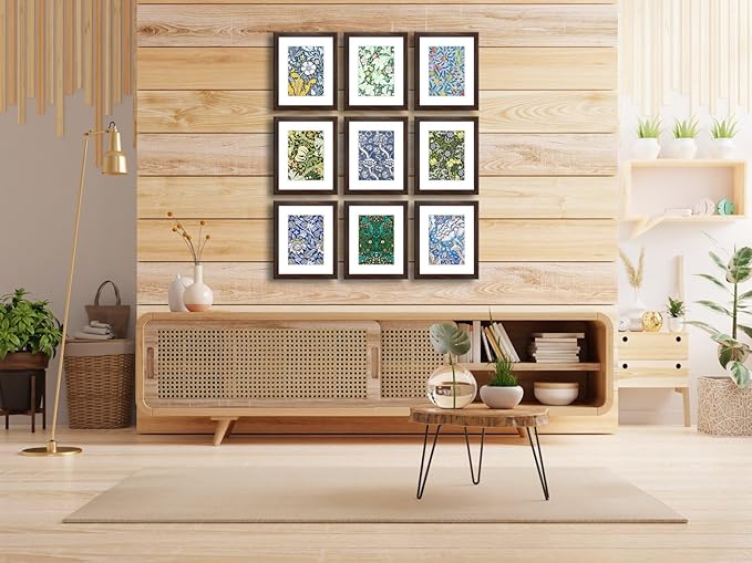 8x10 Picture Frame Set of 9 for Pictures 5x7 with Mat or 8x10 Without Mat, Wall or Tabletop Gallery Photo Frames Walnut