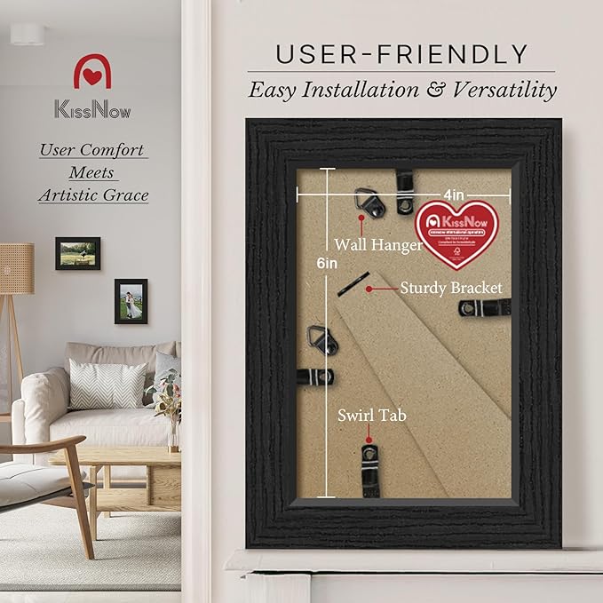 4x6 Picture Frame 4 Pack, Black Solid Wood Gallery Photo Frame, Wall Hanging or Tabletop Display