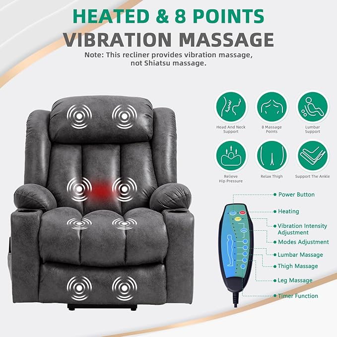 VIVIJASON Tall Man Large Power Lift Recliner Chair with Massage and Heat for Elderly, Overstuffed Wide Electric Lift Recliner with Extended Footrest, 2 Cup Holder, Side Pockets & USB Ports (Grey)
