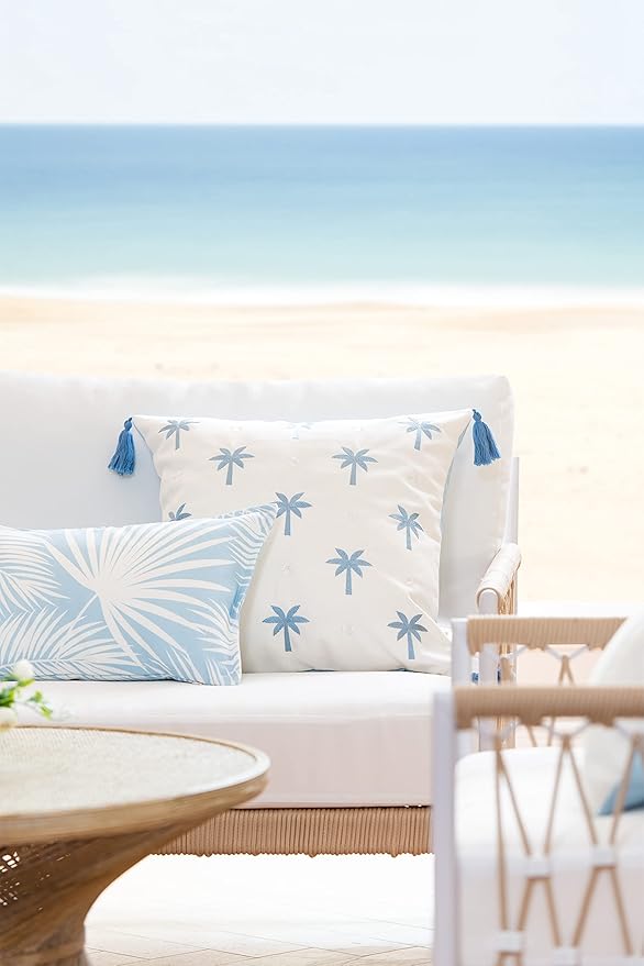 Hofdeco Premium Coastal Hampton Style Patio Indoor Outdoor Pillow Cover Only, 20"x20" Water Resistant for Backyard, Couch, Baby Blue Embroidered Palm Tree Tassel