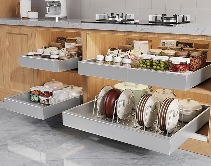 4 Pack Pull Out Cabinet Organizers 21" Deep With Raising Pad for Framed Cabinets, Expandable Slide Out Drawers with 4pcs Divider Racks, Roll Out Shelves, Adjustable Width 12"-20.45" Silver