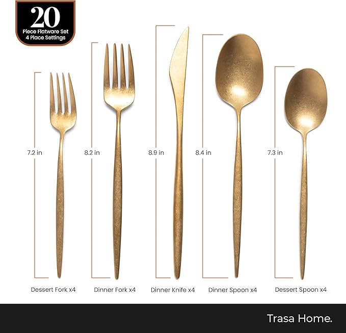 Luxury Vintage Flatware 20-Piece Set – Service for 4, Premium Stainless Steel with Weighted Handles, Aged Heirloom Finish, Dishwasher Safe, Elegant and Modern Cutlery (Vintage Gold)