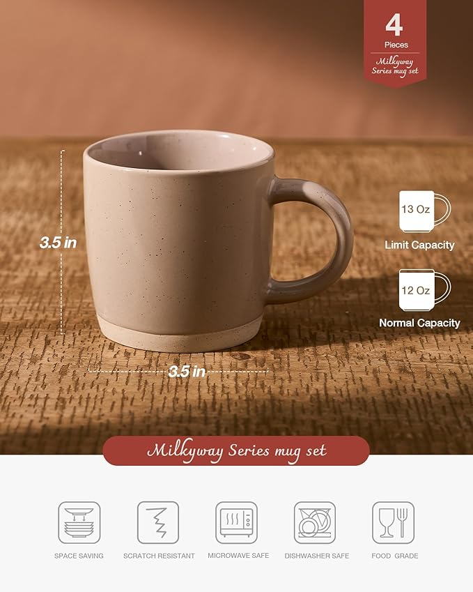 famiware Coffee Mugs for 4, 13 oz Mug Set, Dringking Cup with Handle for Coffee, Tea, Cocoa, Milk, Milkyway series, Cinnamon Brown