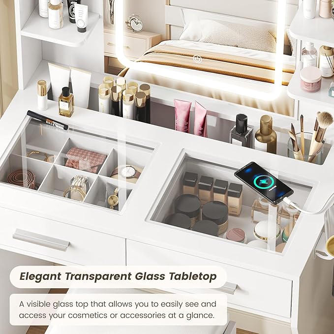 Vanity Desk with Mirror and Lights, Makeup Vanity with Glass Top & Power Strip, White Vanity with 2 Drawers for Women, 3 Lighting Modes Adjustable Brightness, Dressing Table with Stool for Bedroom