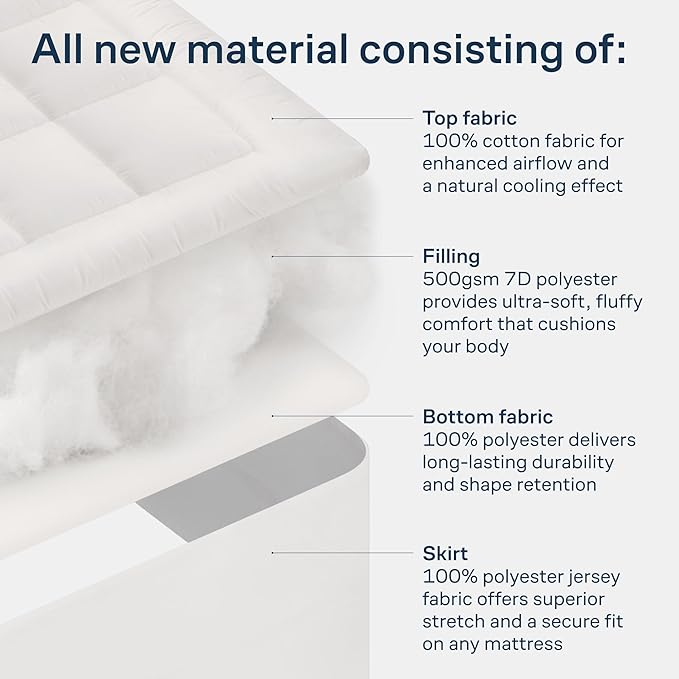 Cloud-Like California King Mattress Topper - 100% Cotton Top Mattress Pad for Back Pain Relief - Breathable & Naturally Cooling for Hot Sleepers