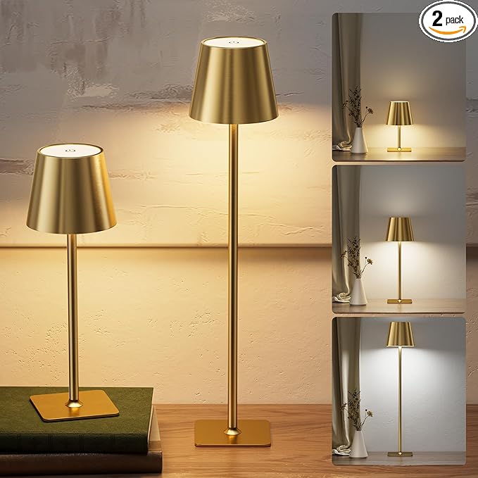 JACKYLED Cordless Lamp DIY Height, 3 Color Stepless Dimming, 5000mAh Battery Operated Lamp Portable Rechargeable for Bedroom Dinning Kitchen, Gold, 2 Pack