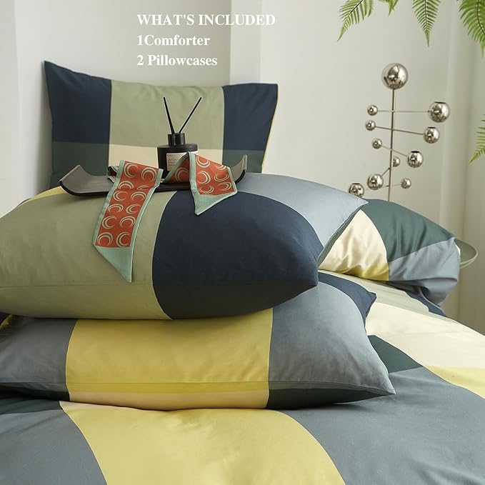 mixinni Queen Comforter Set Men Boys Geometric Checkered Plaid Pattern Bedding Comforter for All Season Soft Lightweight Bedding Set-(Queen Size, Green,Yellow,Khaki)