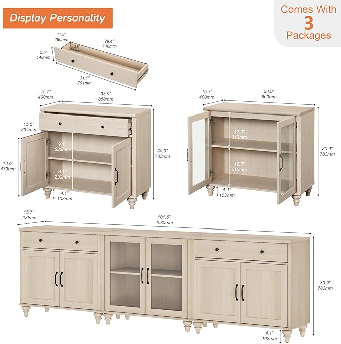 WAMPAT Farmhouse TV Stand for 100 Inch TV, 3-in-1 TV Console Table for 75/80/85/90 Inch TV, Entertainment Center with Glass & Wood Door, Kitchen Sideboard Buffet Cabinet for Dining Room, Light Oak