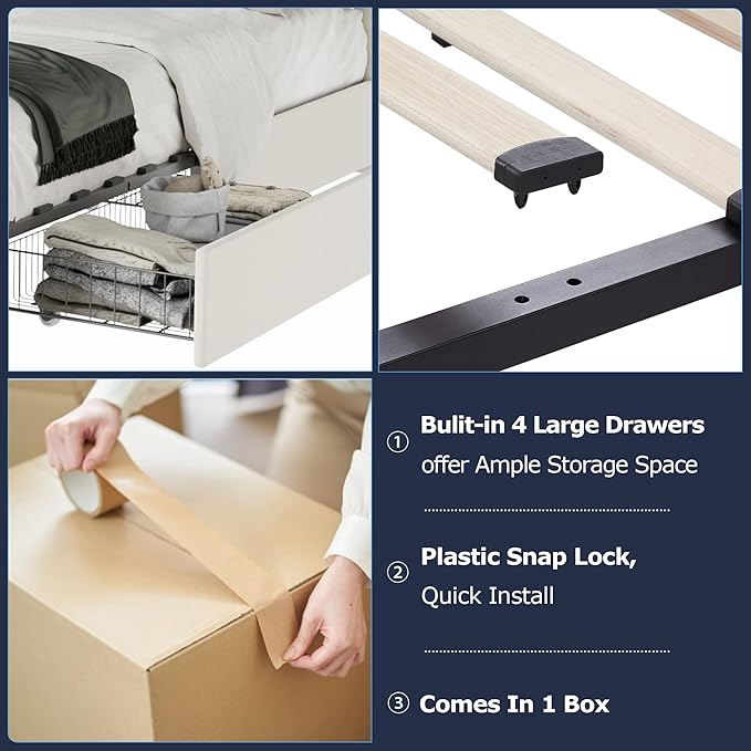 VECELO Queen Size Bed Frame with 4 Storage Drawers, Adjustable Height Headboard, Heavy-Duty Platform Bedframe with Strong Wooden Slats, No Box Spring Needed, Pale Beige