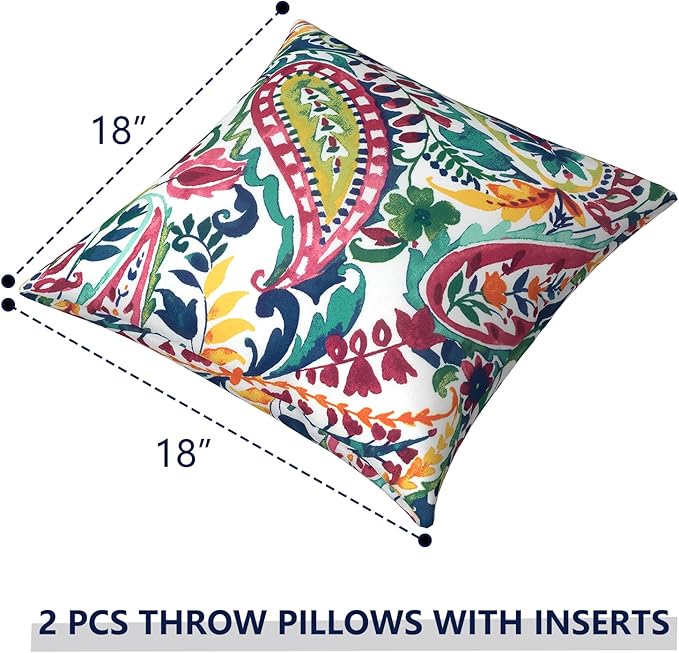 Outdoor Pillows for Patio Furniture 18x18 inch, Square Outdoor Throw Pillows with Inserts, Decorative Toss Pillows for Garden Couch Home Sofa Office Chair, Pack of 2, Vigour Paisley
