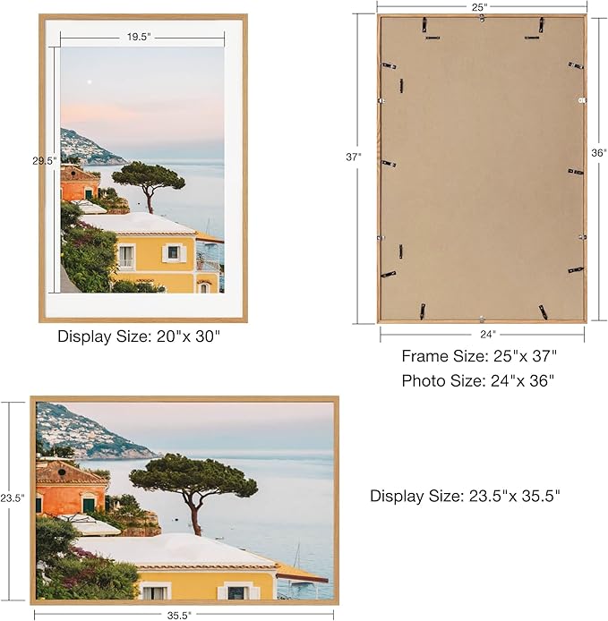 Axeman 24x36 Picture Frame with Mat for 20x30, Solid Oak Wood Poster Frame with Tempered Glass, Wood 24''x36'' Minimalist Photo Frame Movie Poster Frame with Wall Hooks for Art Photo Prints, Natural