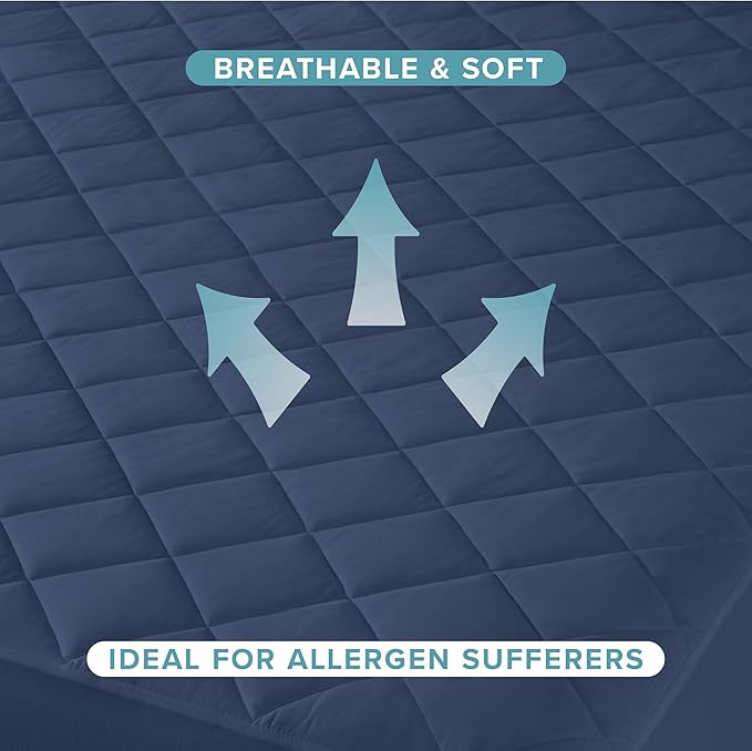 Bare Home Twin Quilted Fitted Mattress Pad - Cooling Mattress Cover - Easily Washable - Elastic Fitted Cover for Mattress - Stretch-to-Fit up to 15 Inches Deep (Twin, Dark Blue)