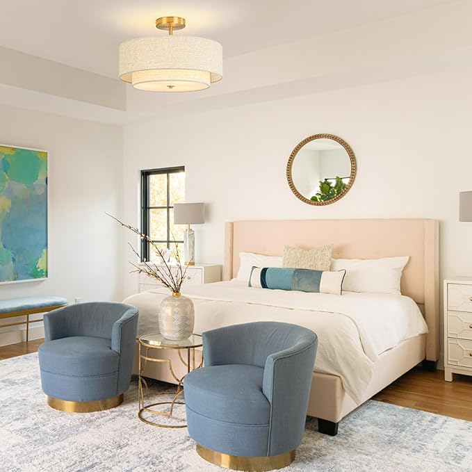 16" Semi Flush Mount Ceiling Light, 3-Light Gold Drum Ceiling Light Fixture with 2-Tier Fabric Linen Shade, Farmhouse Chandelier for Dining Room, Living Room, Bedroom, Kitchen, Hallway, Entryway