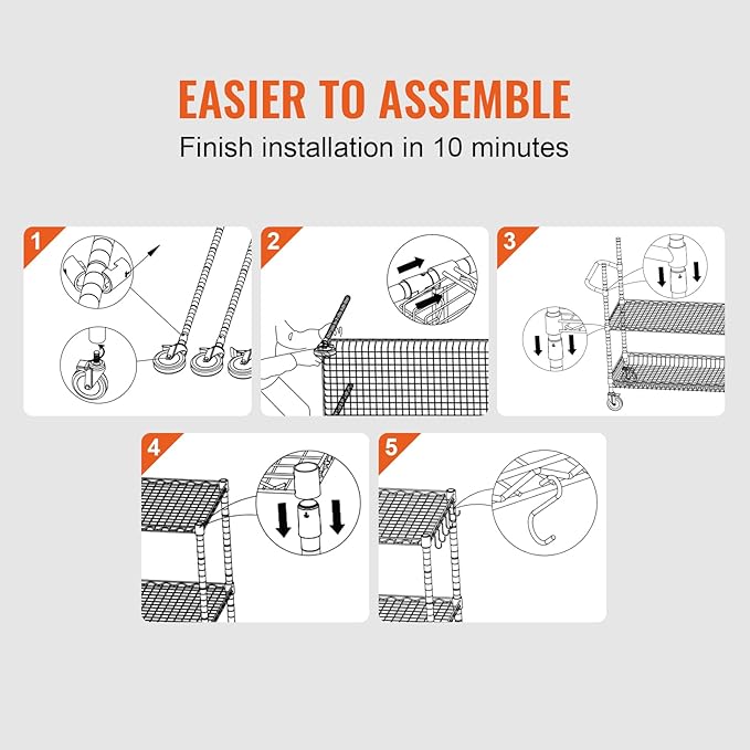 VEVOR Kitchen Utility Cart, 3 Tiers, Wire Rolling Table with 661 LBS Capacity, Steel Service Desk on Wheels, Metal Storage Trolley with 80 mm Deep Basket Curved Handle 6 Hooks