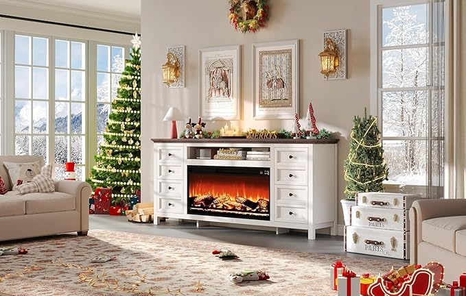 AMERLIFE 70" Farmhouse TV Stand with 37" Fireplace for 80" TVs - Dresser TV Stand w/Heater, 4 Storage Drawers, Rustic Media Entertainment Center for Living Room, Bedroom, White