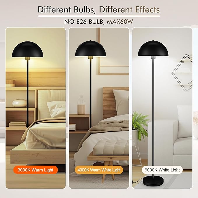 Floor Lamp, Industrial Black Floor Lamps for Living Room, 65.6in Standing Lamp, Retro Mushroom Dome Shade, Whole Metal, E26 Socket, Mid Century Modern Floor Lamp for Bedroom/Office,No Bulb