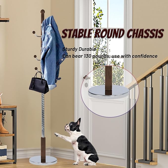 73 in Wood Coat Rack, Coat Rack Freestanding with Stable Round Base, Adjustable Height Tree Coat Racks Stand for Home Bedroom Office Hallway Entryway (Walnut Metal Hook)