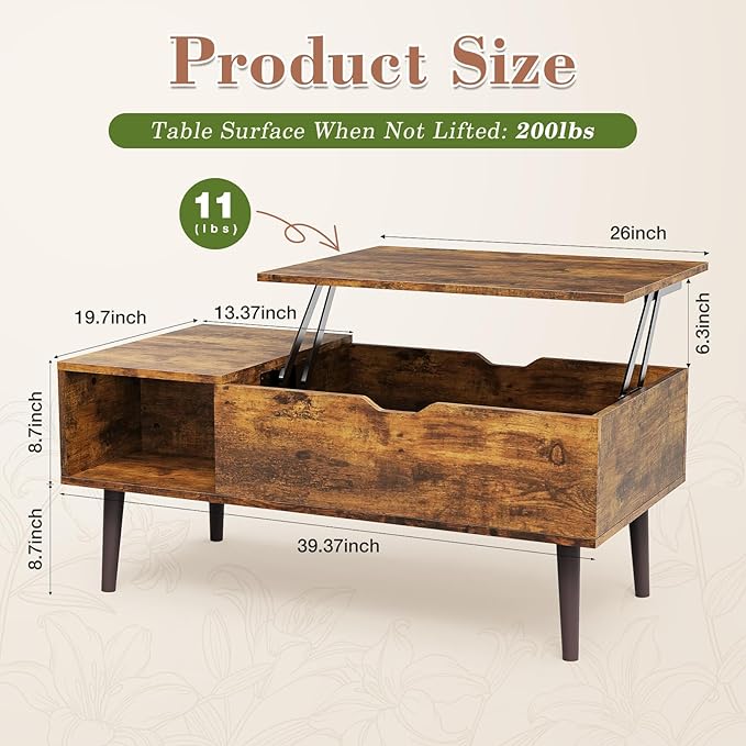 OLIXIS Wood Lift Top Coffee Table with Hidden Compartment and Large Storage Shelf, Lift Tabletop Dining Center Table for Home Living Room Office, Natural Wood