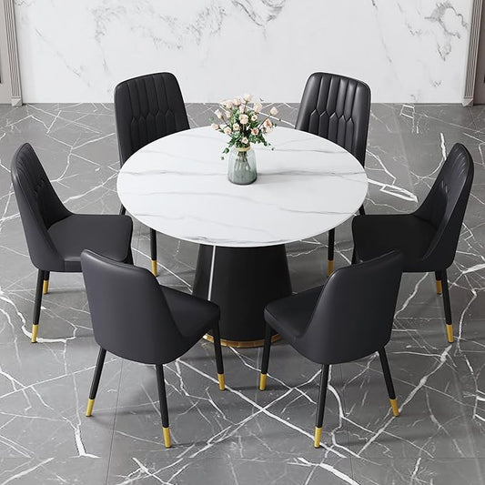 45 Inch Round Dining Table Set for 6, 7 Piece Kitchen Table and Chairs Set, White Faux Marble Table Top, Small Space Dining Set for Apartment or Dining Room
